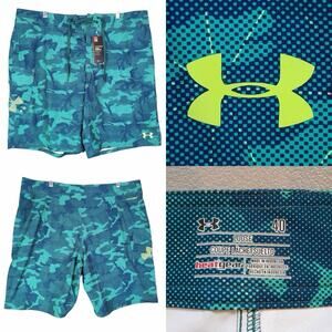 Under Amour Shorts Swim Men's Blue Geometric Storm 1 Loose Size 40 HeatGear New
